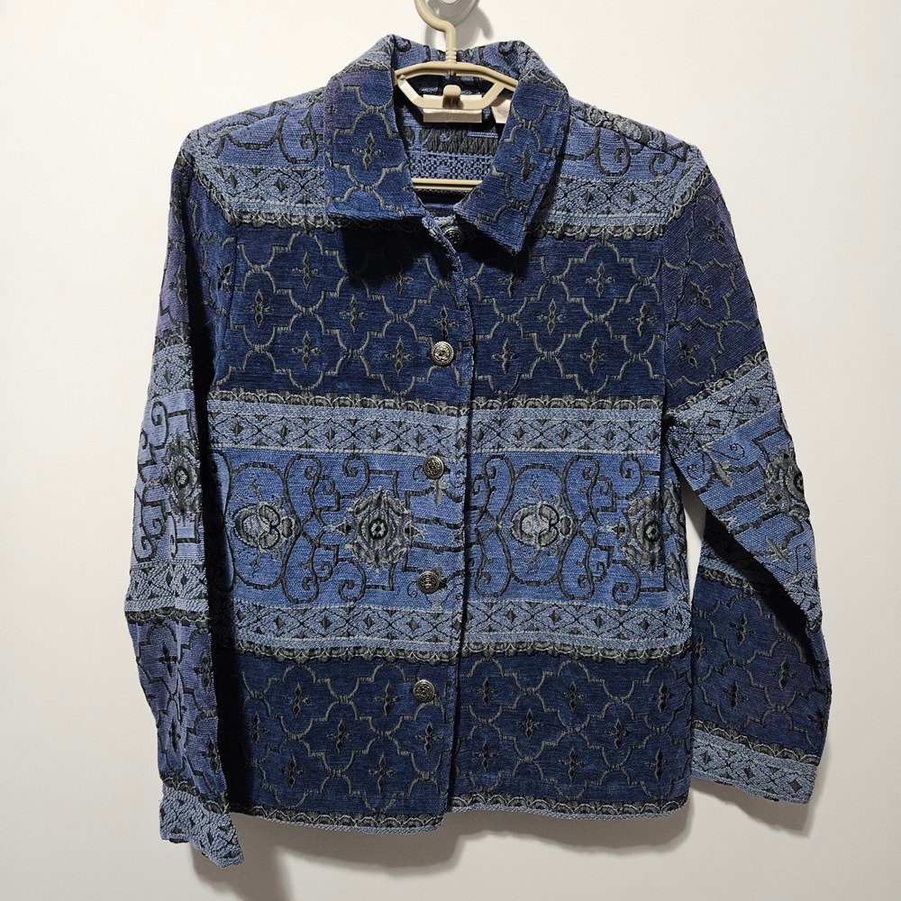 Vintage Coldwater Creek Tapestry Jacket Womens Large Blue Whimsigoth Artsy Boho
